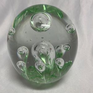 Glass paperweight Clear Green Bubbles
